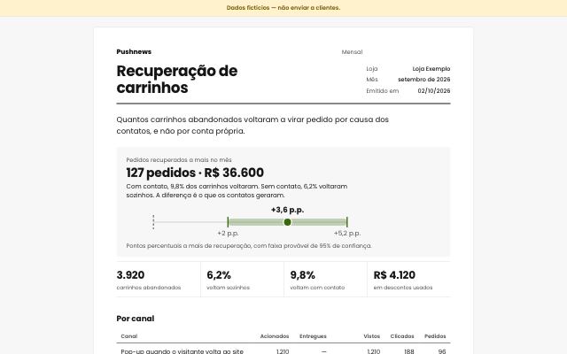 Topo do relatório “Recuperação de carrinhos” com dados fictícios