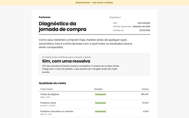 Topo do relatório “Diagnóstico da jornada de compra” com dados fictícios