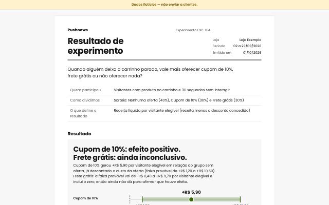 Topo do relatório “Resultado de experimento” com dados fictícios